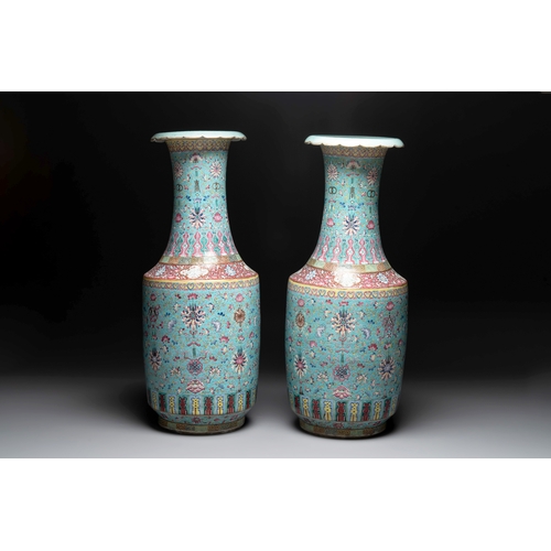 264 - A pair of large Chinese famille rose turquoise-ground 'lotus scroll' vases, Guangxu mark and of the ... 