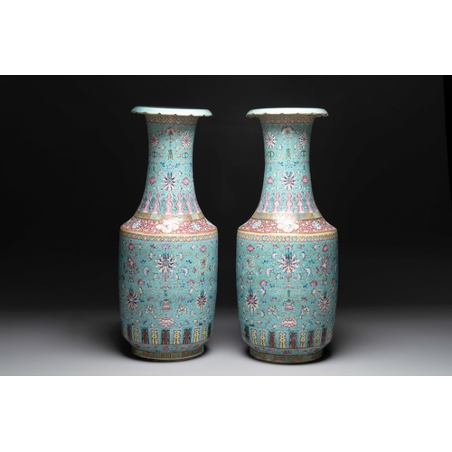 264 - A pair of large Chinese famille rose turquoise-ground 'lotus scroll' vases, Guangxu mark and of the ... 