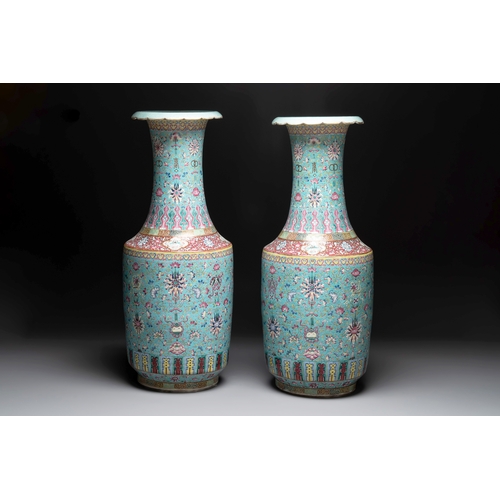 264 - A pair of large Chinese famille rose turquoise-ground 'lotus scroll' vases, Guangxu mark and of the ... 