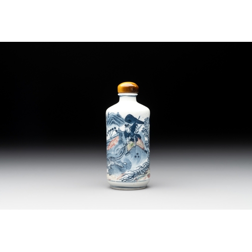 1 - A Chinese blue, white and copper-red 'tiger hunt' snuff bottle, 19th C.H.: 9 cm (incl. stopper)... 