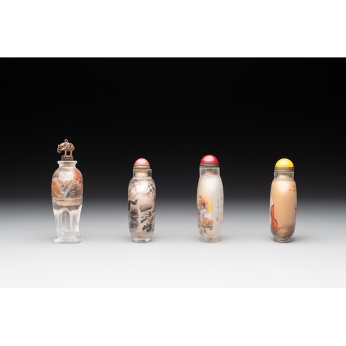 10 - Four Chinese inside-painted glass snuff bottles, signed Meng Zishou and Ye Zhongsan, 20th C., one da... 