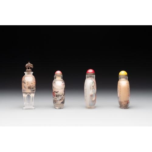 10 - Four Chinese inside-painted glass snuff bottles, signed Meng Zishou and Ye Zhongsan, 20th C., one da... 