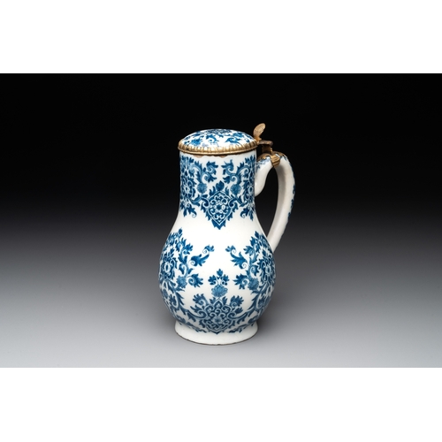 1004 - A fine blue and white Dutch Delft gilt-silver-mounted ewer and cover in the style of Daniel Marot, c... 