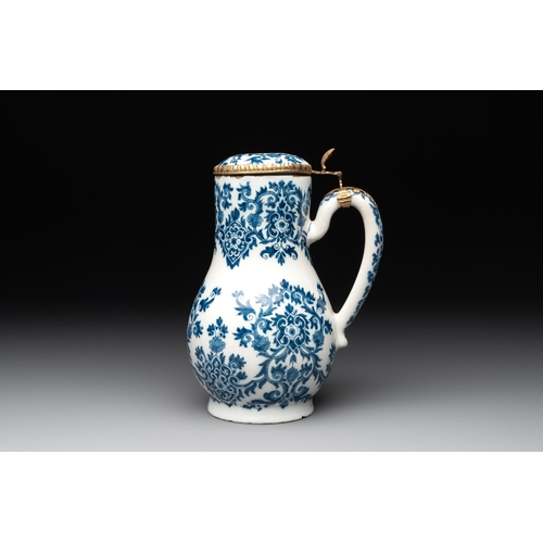 1004 - A fine blue and white Dutch Delft gilt-silver-mounted ewer and cover in the style of Daniel Marot, c... 