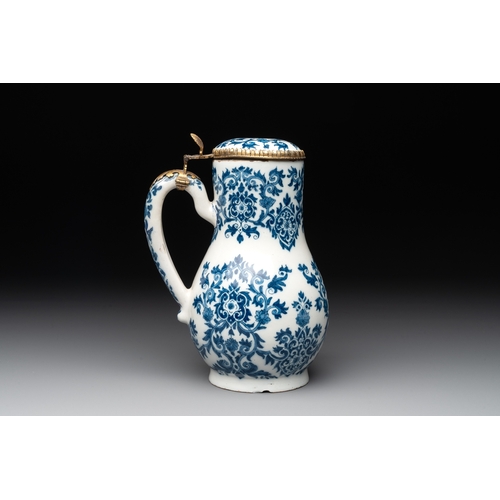 1004 - A fine blue and white Dutch Delft gilt-silver-mounted ewer and cover in the style of Daniel Marot, c... 