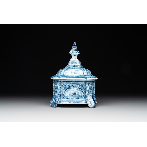 1005 - A blue and white Dutch Delft tobacco box and cover, 18th C.Dim.: 12,3 x 12,3 x 17,2 cm (the box and ... 