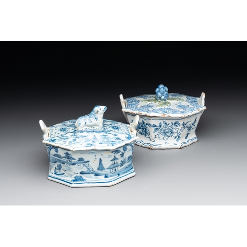 1006 - Two blue and white Dutch Delft butter tubs, 18th C.L..: 12 cm - H.: 8,5 cm (the largest) L.: 11,8 cm... 