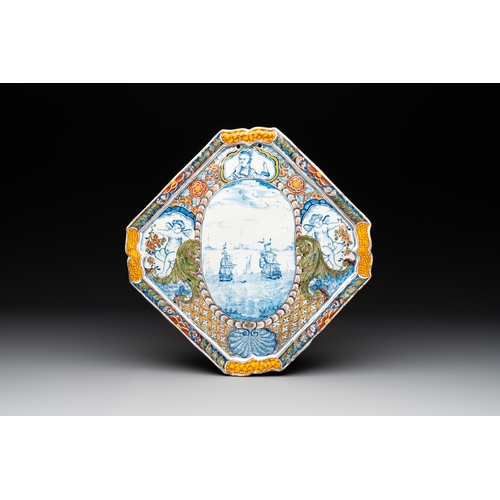 1015 - A lozenge-shaped polychrome Dutch Delft mixed technique 'maritime subject' plaque, 18th C.Dim.: 29,2... 