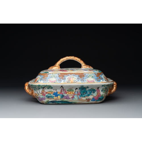 102 - A Chinese Canton famille rose 'mandarin subject' oval dish, a strainer, a covered tureen and stand, ... 