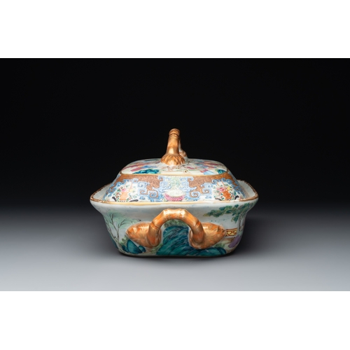 102 - A Chinese Canton famille rose 'mandarin subject' oval dish, a strainer, a covered tureen and stand, ... 