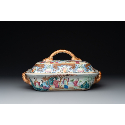 102 - A Chinese Canton famille rose 'mandarin subject' oval dish, a strainer, a covered tureen and stand, ... 