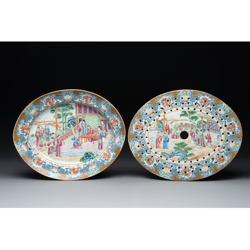 102 - A Chinese Canton famille rose 'mandarin subject' oval dish, a strainer, a covered tureen and stand, ... 