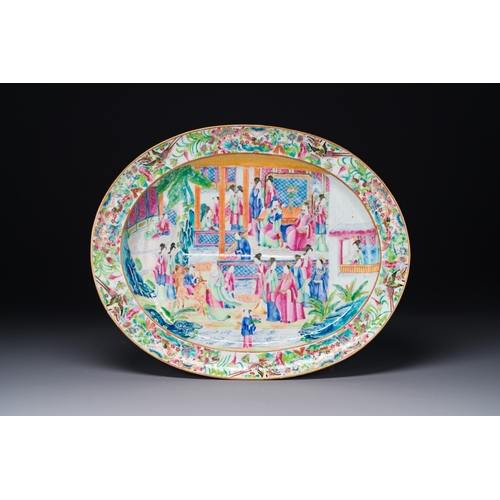 103 - Two Chinese Canton famille rose dishes and a tazza with narrative design, 19th C.Dim.: 44 x 35,3 cm ... 