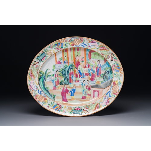 103 - Two Chinese Canton famille rose dishes and a tazza with narrative design, 19th C.Dim.: 44 x 35,3 cm ... 