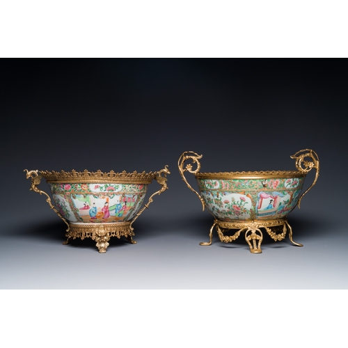 107 - Two Chinese Canton famille rose gilt-bronze-mounted bowls, 19th C.L.: 40 cm - H.: 20 cm (incl. mount... 