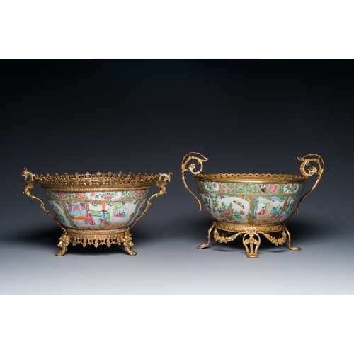 107 - Two Chinese Canton famille rose gilt-bronze-mounted bowls, 19th C.L.: 40 cm - H.: 20 cm (incl. mount... 