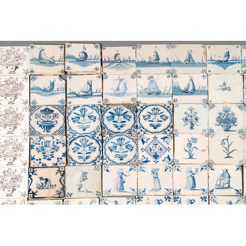 1076 - 90 manganese, blue and white Dutch Delft tiles, 17/18th C.Dim.: ca. 13 x 13 x 0,7 cm