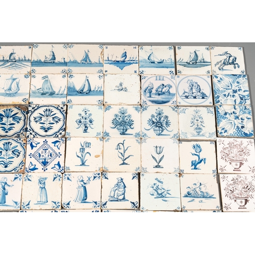 1076 - 90 manganese, blue and white Dutch Delft tiles, 17/18th C.Dim.: ca. 13 x 13 x 0,7 cm