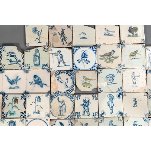 1077 - 105 polychrome, blue and white Dutch Delft tiles with figures, flowers and animals, 17/18th C.Dim.: ... 