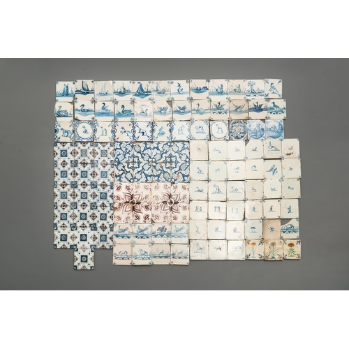 1079 - 112 manganese, polychrome, blue and white Dutch Delft tiles, 17/18th C.Dim.: ca. 12,8 x 12,8 x 1 cm... 