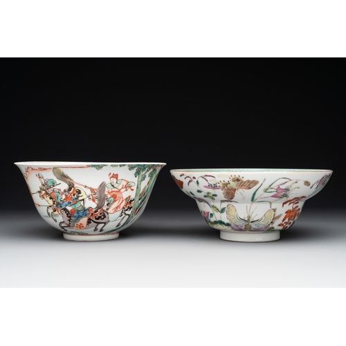 108 - A Chinese famille rose 'butterflies' bowl, a 'boys and kilin' cup and a famille verte 'warriors' bow... 