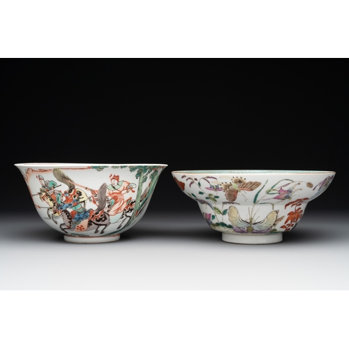 108 - A Chinese famille rose 'butterflies' bowl, a 'boys and kilin' cup and a famille verte 'warriors' bow... 