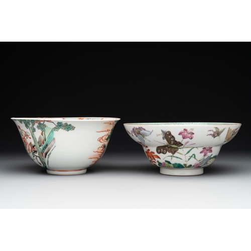 108 - A Chinese famille rose 'butterflies' bowl, a 'boys and kilin' cup and a famille verte 'warriors' bow... 