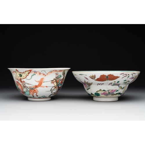 108 - A Chinese famille rose 'butterflies' bowl, a 'boys and kilin' cup and a famille verte 'warriors' bow... 