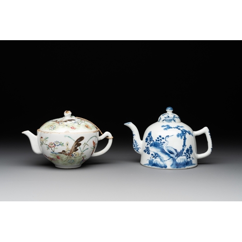 117 - Two Chinese blue, white and famille rose 'birds and flowers' teapots and a cup, Chenghua and Tongzhi... 