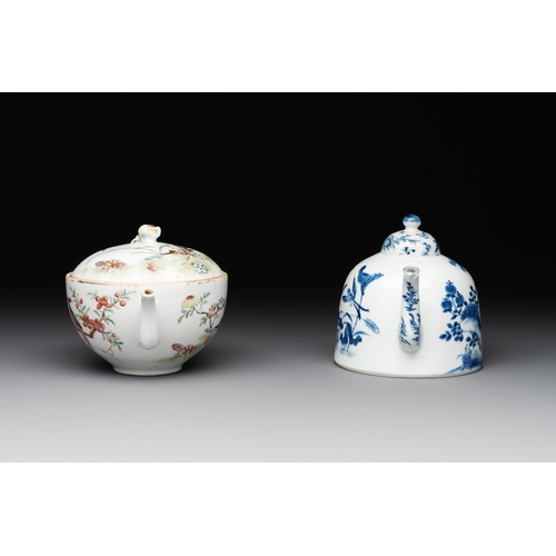 117 - Two Chinese blue, white and famille rose 'birds and flowers' teapots and a cup, Chenghua and Tongzhi... 