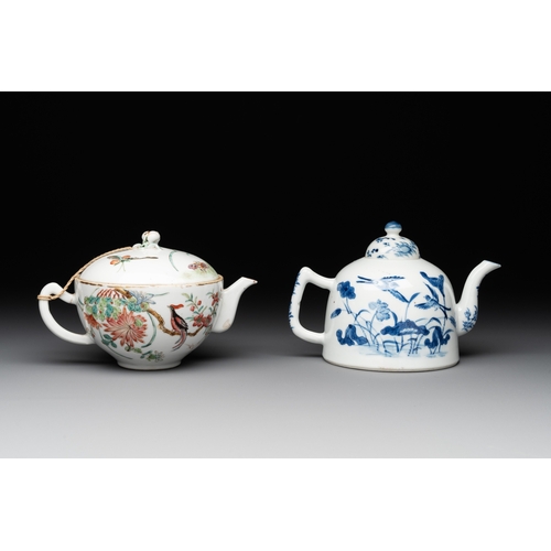 117 - Two Chinese blue, white and famille rose 'birds and flowers' teapots and a cup, Chenghua and Tongzhi... 