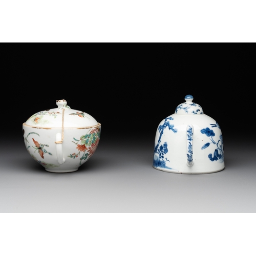 117 - Two Chinese blue, white and famille rose 'birds and flowers' teapots and a cup, Chenghua and Tongzhi... 