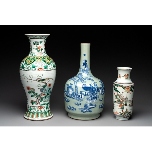 118 - Two Chinese famille verte vases and a blue and white celadon-ground vase, 19th C.H.: 44 cm (the tall... 