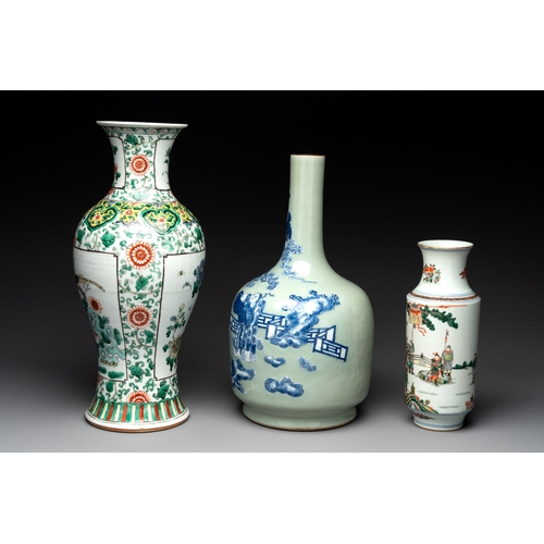 118 - Two Chinese famille verte vases and a blue and white celadon-ground vase, 19th C.H.: 44 cm (the tall... 