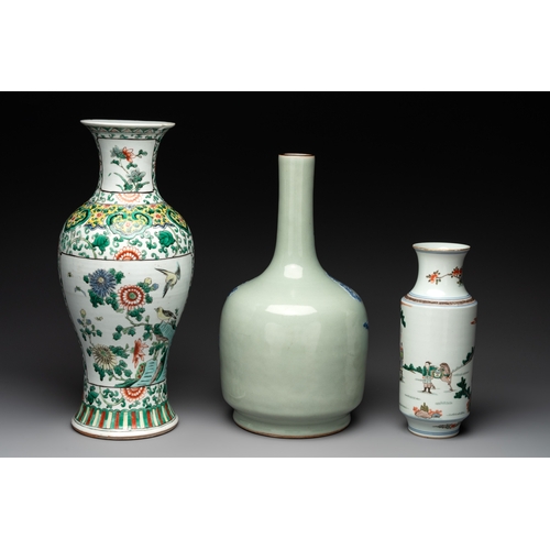 118 - Two Chinese famille verte vases and a blue and white celadon-ground vase, 19th C.H.: 44 cm (the tall... 