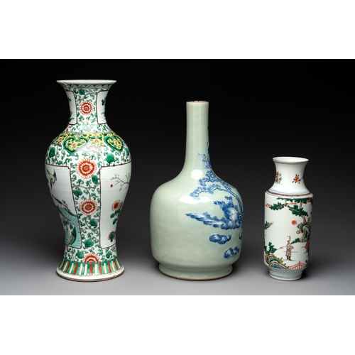 118 - Two Chinese famille verte vases and a blue and white celadon-ground vase, 19th C.H.: 44 cm (the tall... 