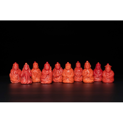 12 - A set of ten Chinese coral-red glass Luohan-form snuff bottles, 20th C.H.: 7,1 cm (the tallest) H.: ... 