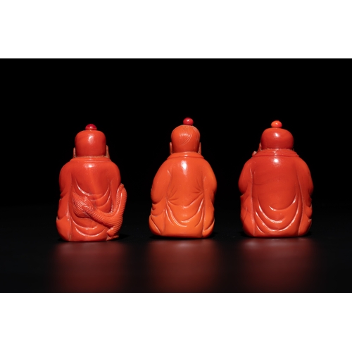 12 - A set of ten Chinese coral-red glass Luohan-form snuff bottles, 20th C.H.: 7,1 cm (the tallest) H.: ... 