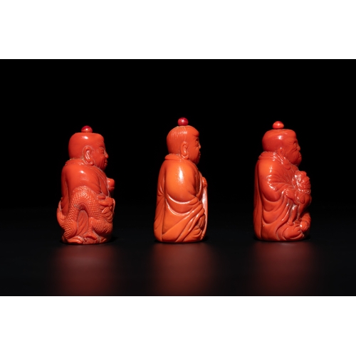 12 - A set of ten Chinese coral-red glass Luohan-form snuff bottles, 20th C.H.: 7,1 cm (the tallest) H.: ... 