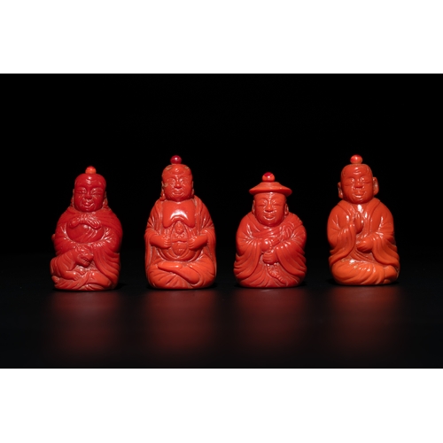 12 - A set of ten Chinese coral-red glass Luohan-form snuff bottles, 20th C.H.: 7,1 cm (the tallest) H.: ... 