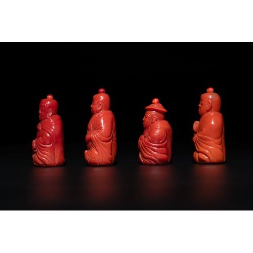 12 - A set of ten Chinese coral-red glass Luohan-form snuff bottles, 20th C.H.: 7,1 cm (the tallest) H.: ... 