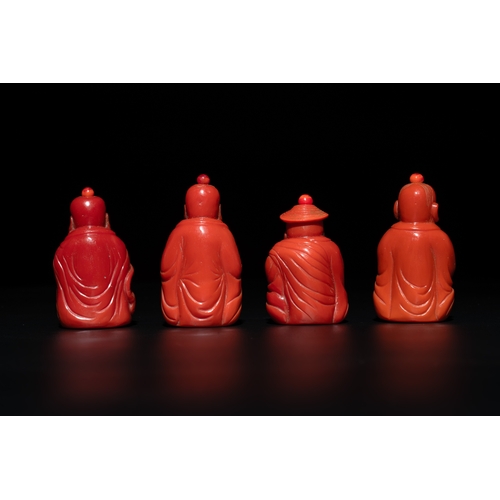 12 - A set of ten Chinese coral-red glass Luohan-form snuff bottles, 20th C.H.: 7,1 cm (the tallest) H.: ... 