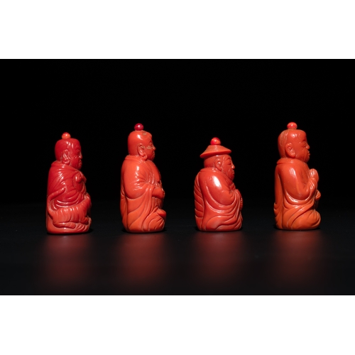 12 - A set of ten Chinese coral-red glass Luohan-form snuff bottles, 20th C.H.: 7,1 cm (the tallest) H.: ... 