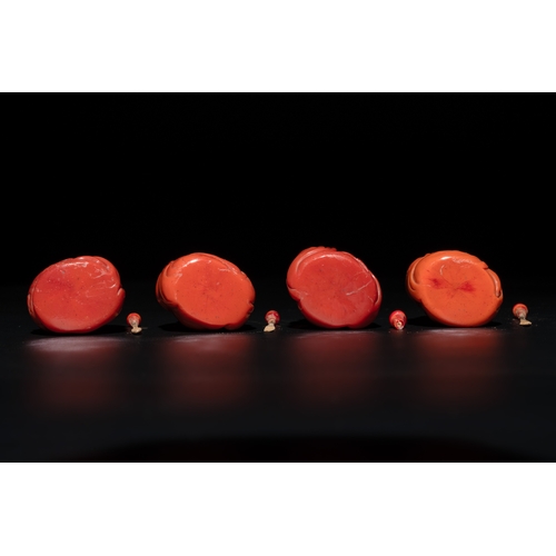 12 - A set of ten Chinese coral-red glass Luohan-form snuff bottles, 20th C.H.: 7,1 cm (the tallest) H.: ... 