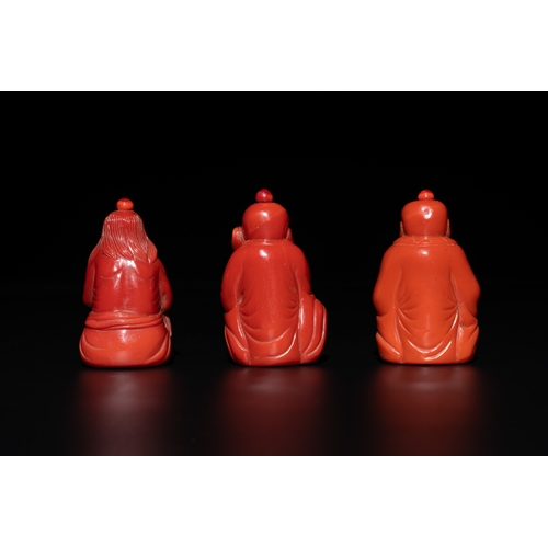 12 - A set of ten Chinese coral-red glass Luohan-form snuff bottles, 20th C.H.: 7,1 cm (the tallest) H.: ... 