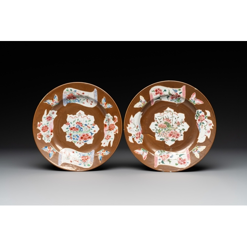 140 - A Chinese famille rose capucin-brown-ground bowl and two plates, QianlongDia.: 26 cm - H.: 11,5 cm (... 