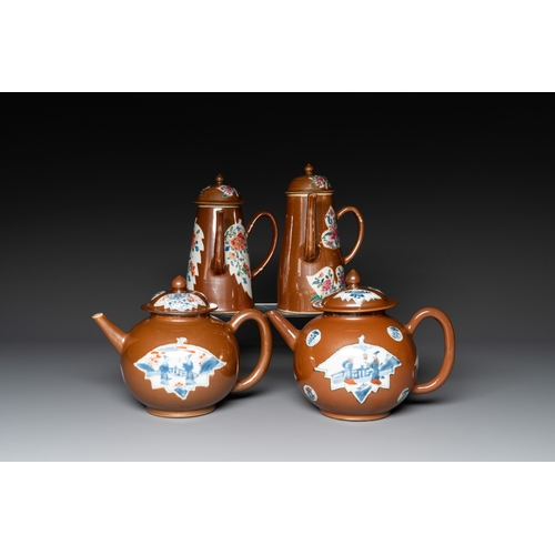 144 - A pair of large Chinese Imari-style capucin-brown-ground teapots and two famille rose chocolate pots... 