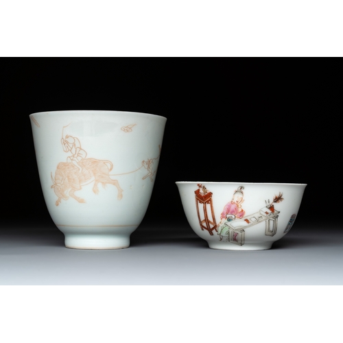 157 - A Chinese iron-red-decorated 'boy and buffalo' cup and saucer and a famille rose 'Xi Xiang Ji' cup a... 