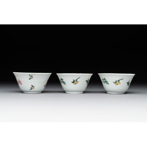 159 - Three Chinese famille rose 'birds and flowers' cups and saucers, YongzhengDia.: 10,9 cm (the largest... 