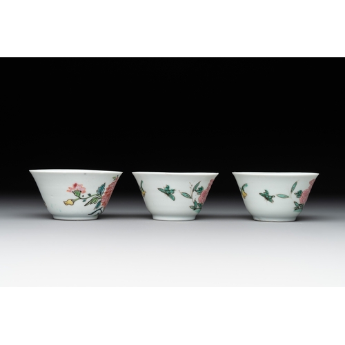 159 - Three Chinese famille rose 'birds and flowers' cups and saucers, YongzhengDia.: 10,9 cm (the largest... 